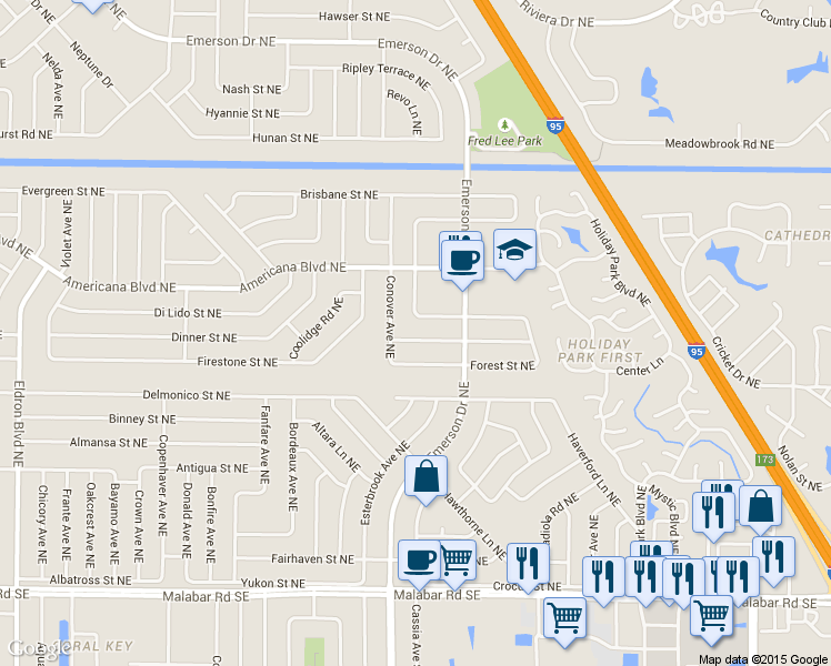map of restaurants, bars, coffee shops, grocery stores, and more near 835 Dupont Street Northeast in Palm Bay