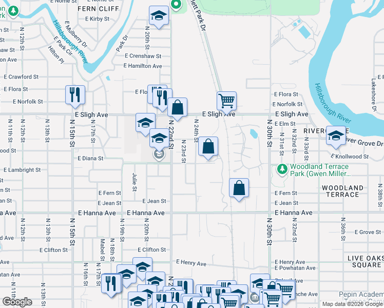 map of restaurants, bars, coffee shops, grocery stores, and more near 6607 North 24th Street in Tampa