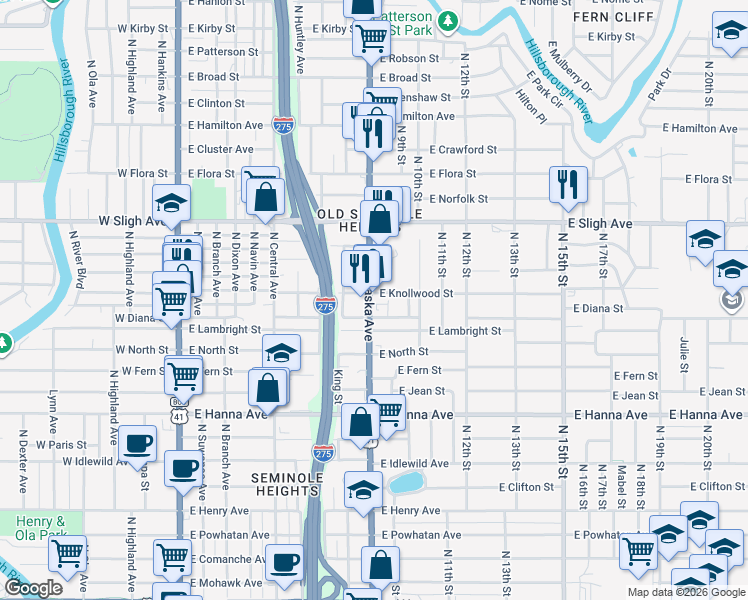map of restaurants, bars, coffee shops, grocery stores, and more near 906 East Knollwood Street in Tampa