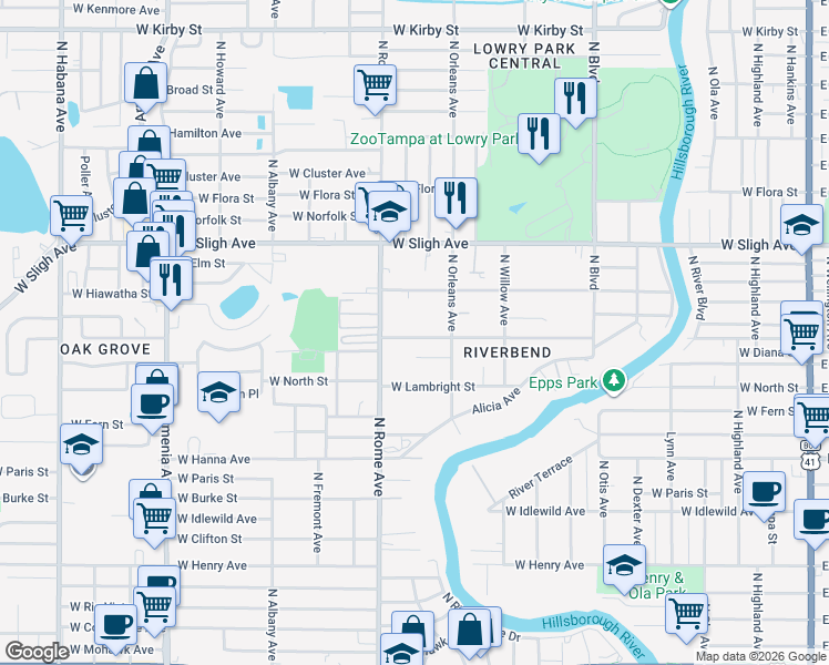 map of restaurants, bars, coffee shops, grocery stores, and more near 1511 West Knollwood Street in Tampa
