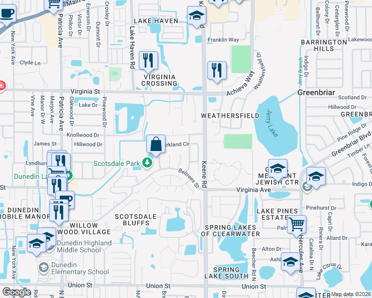 map of restaurants, bars, coffee shops, grocery stores, and more near 655 Kirkland Circle in Dunedin