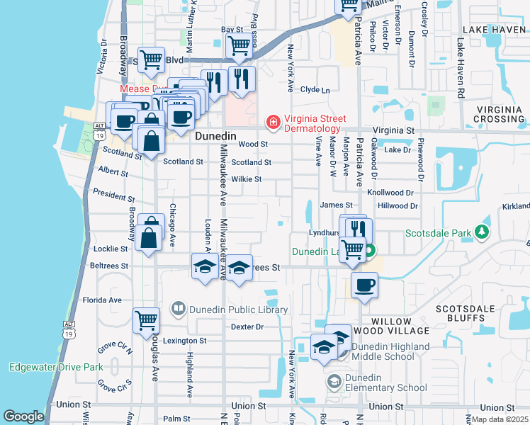 map of restaurants, bars, coffee shops, grocery stores, and more near 659 Magnolia Street in Dunedin
