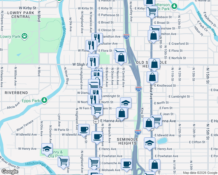 map of restaurants, bars, coffee shops, grocery stores, and more near 6602 North Branch Avenue in Tampa