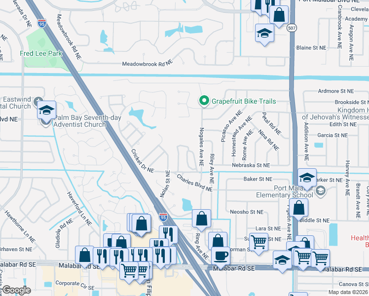 map of restaurants, bars, coffee shops, grocery stores, and more near 402 Whybrew Court Northeast in Palm Bay