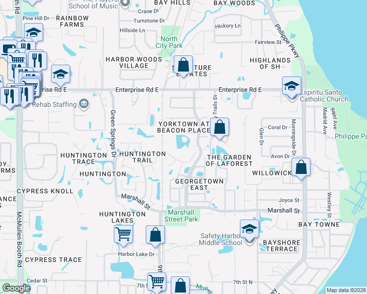 map of restaurants, bars, coffee shops, grocery stores, and more near 637 Quail Keep Drive in Safety Harbor