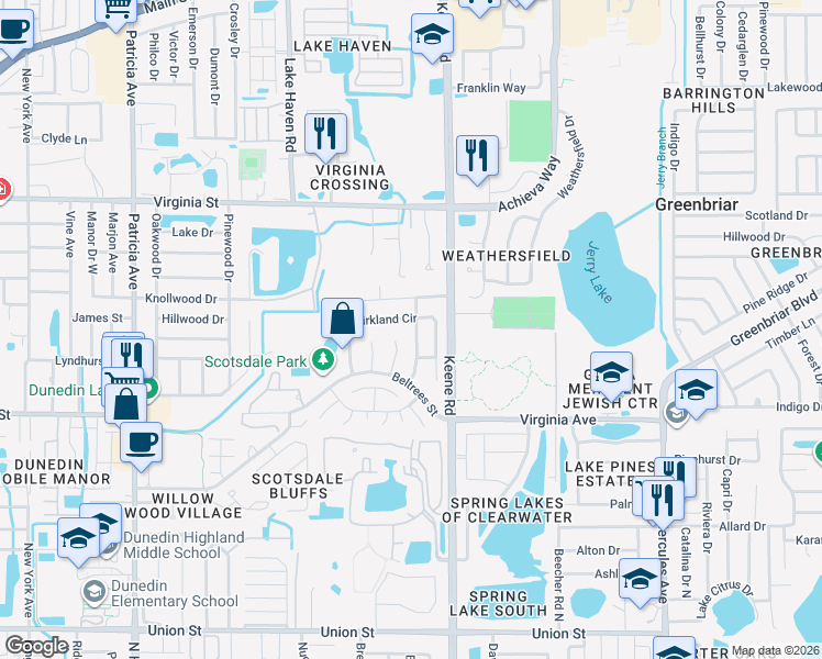 map of restaurants, bars, coffee shops, grocery stores, and more near 740 Kirkland Circle in Dunedin