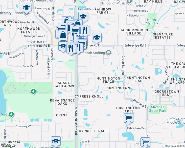 map of restaurants, bars, coffee shops, grocery stores, and more near 151 Woodcreek Drive North in Safety Harbor