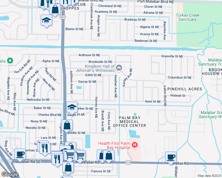 map of restaurants, bars, coffee shops, grocery stores, and more near 453 Heather Avenue Northeast in Palm Bay