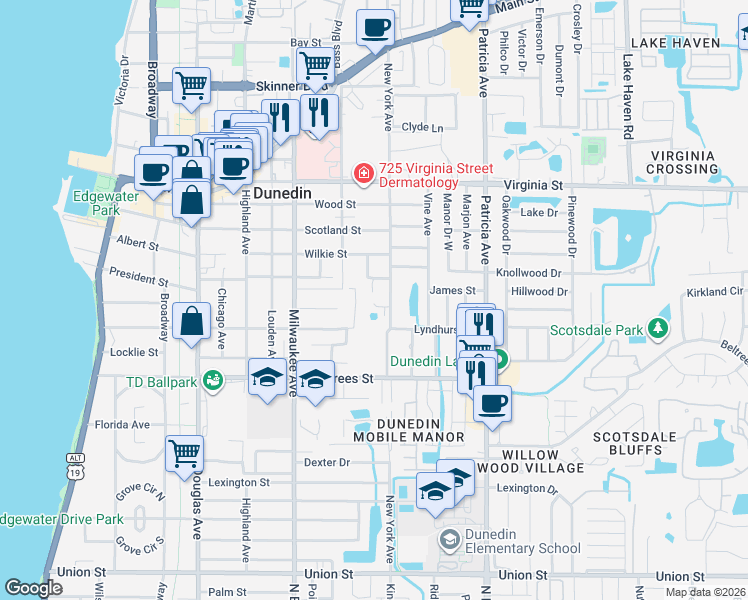 map of restaurants, bars, coffee shops, grocery stores, and more near 500 New York Avenue in Dunedin