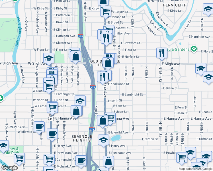 map of restaurants, bars, coffee shops, grocery stores, and more near 906 East Knollwood Street in Tampa