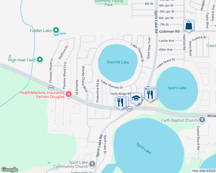 map of restaurants, bars, coffee shops, grocery stores, and more near 248 Lake Thomas Drive in Winter Haven