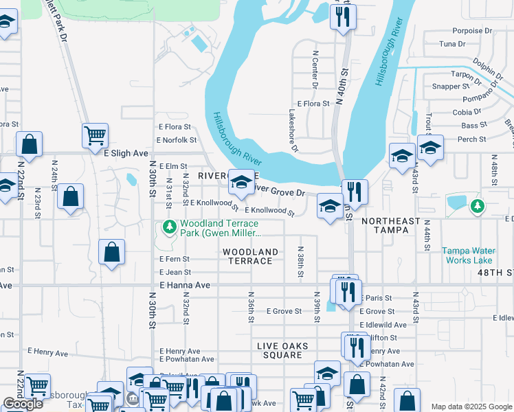 map of restaurants, bars, coffee shops, grocery stores, and more near 6603 Orangewood Terrace in Tampa