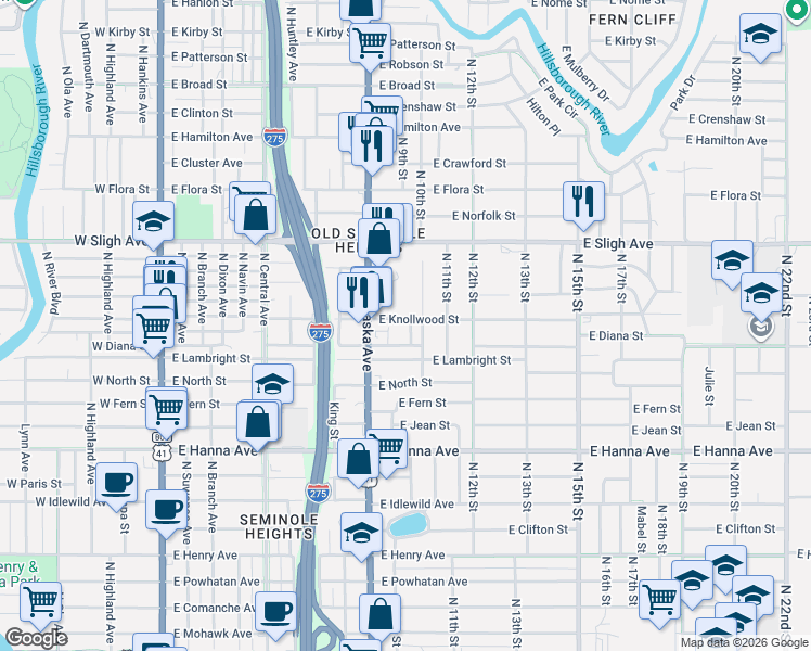 map of restaurants, bars, coffee shops, grocery stores, and more near 906 East Knollwood Street in Tampa