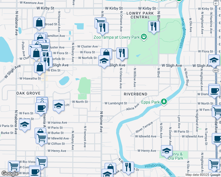 map of restaurants, bars, coffee shops, grocery stores, and more near 1511 West Knollwood Street in Tampa