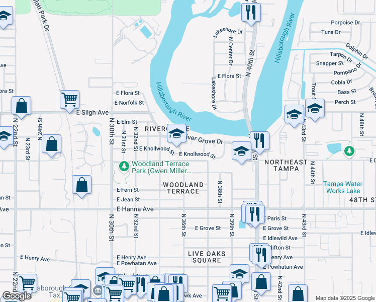 map of restaurants, bars, coffee shops, grocery stores, and more near 6603 Orangewood Terrace in Tampa