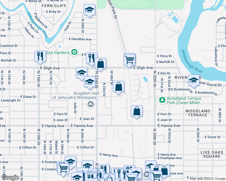 map of restaurants, bars, coffee shops, grocery stores, and more near 6607 North 24th Street in Tampa