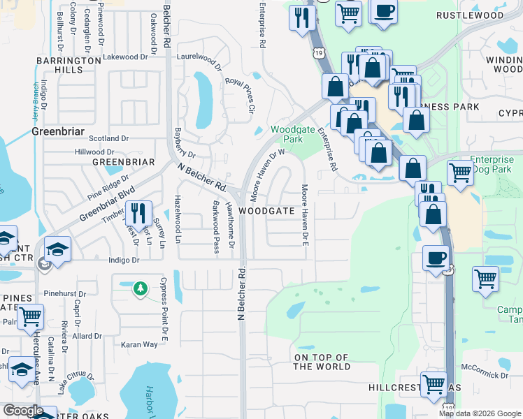 map of restaurants, bars, coffee shops, grocery stores, and more near 2385 Moore Haven Drive West in Clearwater