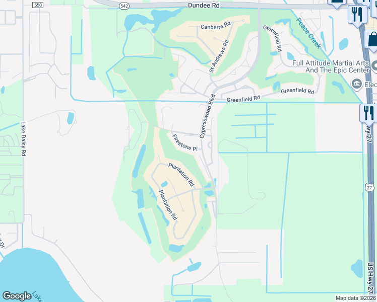 map of restaurants, bars, coffee shops, grocery stores, and more near 2241 Firestone Place in Winter Haven