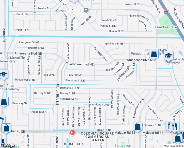 map of restaurants, bars, coffee shops, grocery stores, and more near 598 Di Lido Street Northeast in Palm Bay