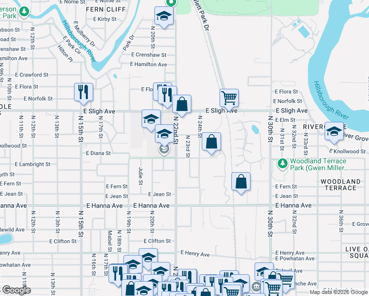 map of restaurants, bars, coffee shops, grocery stores, and more near 6614 North 23rd Street in Tampa