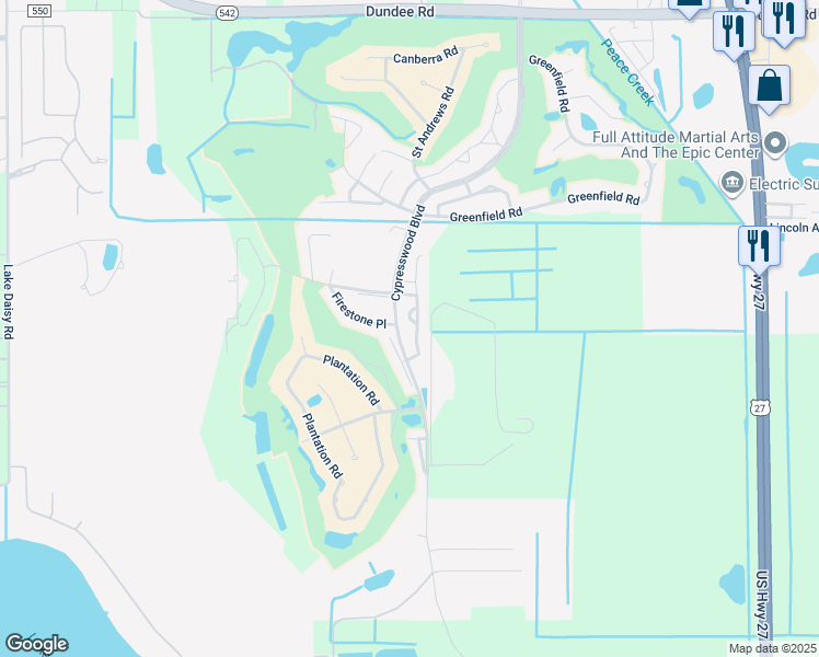 map of restaurants, bars, coffee shops, grocery stores, and more near 62 Enclave Drive in Winter Haven