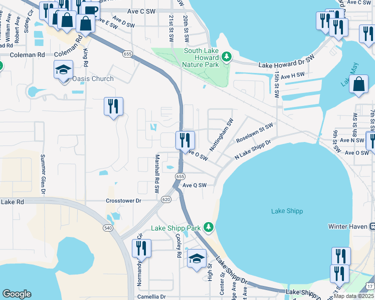map of restaurants, bars, coffee shops, grocery stores, and more near in Winter Haven