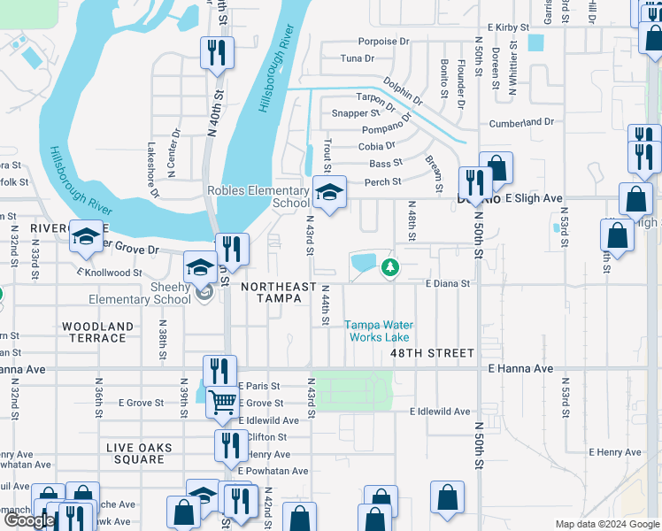 map of restaurants, bars, coffee shops, grocery stores, and more near 4410 East Diana Street in Tampa