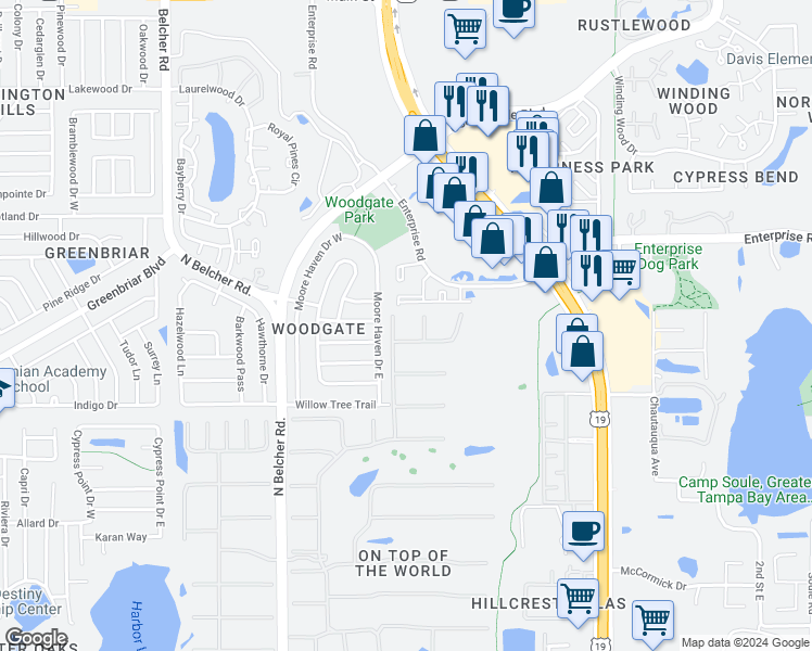 map of restaurants, bars, coffee shops, grocery stores, and more near 2384 Tahitian Lane in Clearwater