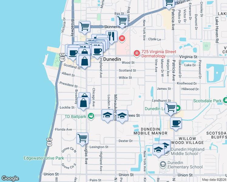 map of restaurants, bars, coffee shops, grocery stores, and more near 541 Milwaukee Avenue in Dunedin