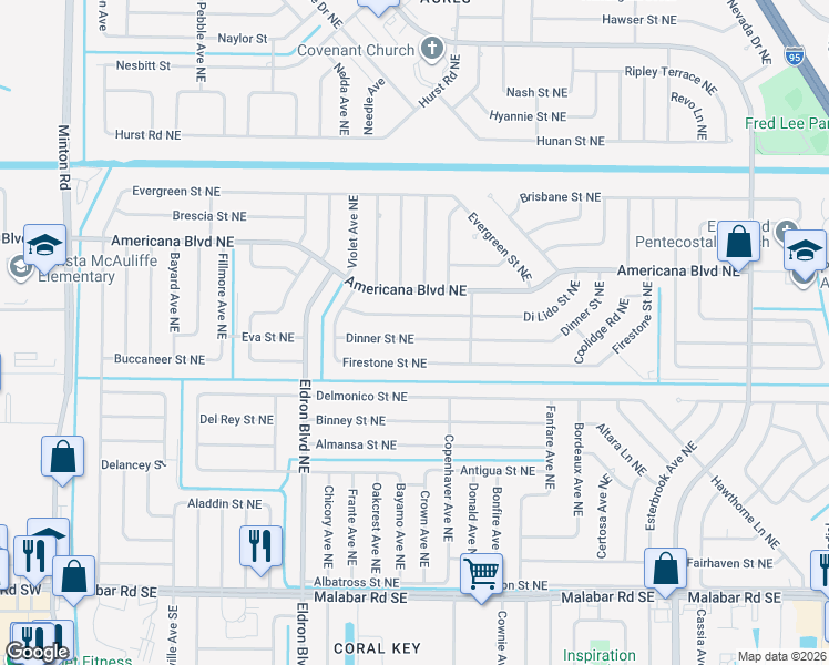 map of restaurants, bars, coffee shops, grocery stores, and more near 550 Di Lido Street Northeast in Palm Bay