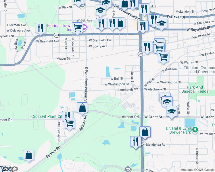 map of restaurants, bars, coffee shops, grocery stores, and more near 1907 West Washington Street in Plant City