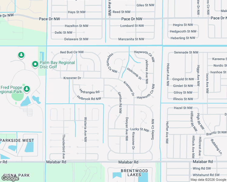 map of restaurants, bars, coffee shops, grocery stores, and more near 352 Gordon Road Northwest in Palm Bay