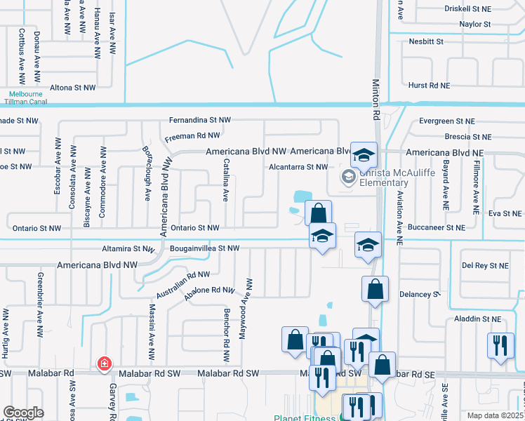 map of restaurants, bars, coffee shops, grocery stores, and more near 333 Alberca Street Northwest in Palm Bay