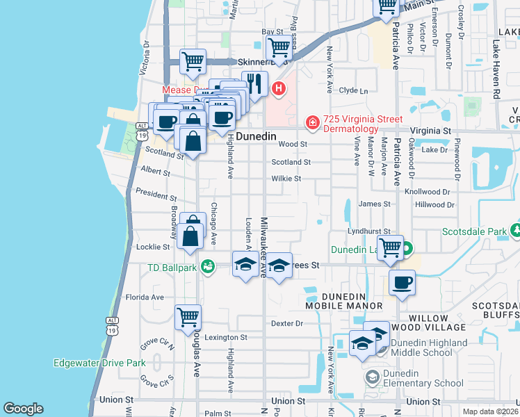 map of restaurants, bars, coffee shops, grocery stores, and more near 541 Milwaukee Avenue in Dunedin