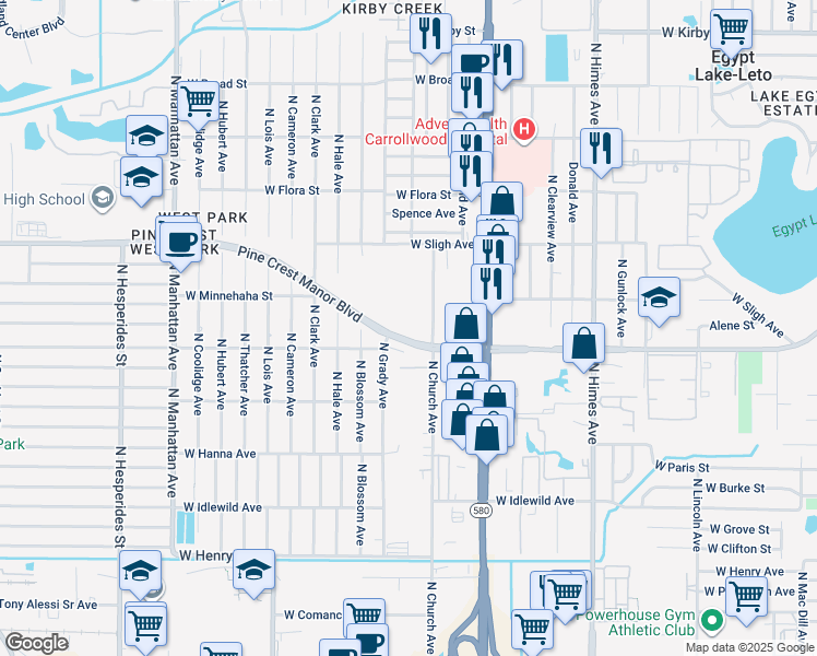 map of restaurants, bars, coffee shops, grocery stores, and more near 6608 North Church Avenue in Tampa