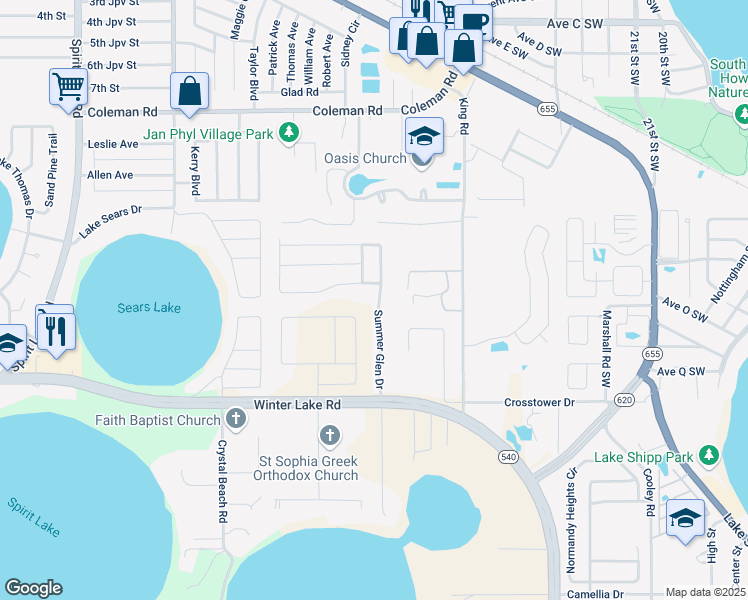 map of restaurants, bars, coffee shops, grocery stores, and more near 875 Summer Glen Drive in Winter Haven