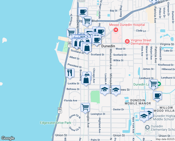 map of restaurants, bars, coffee shops, grocery stores, and more near 542 Douglas Avenue in Dunedin