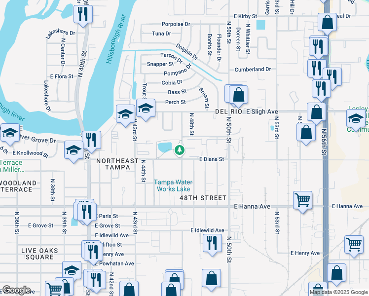 map of restaurants, bars, coffee shops, grocery stores, and more near 4525 Muskogee Court in Tampa