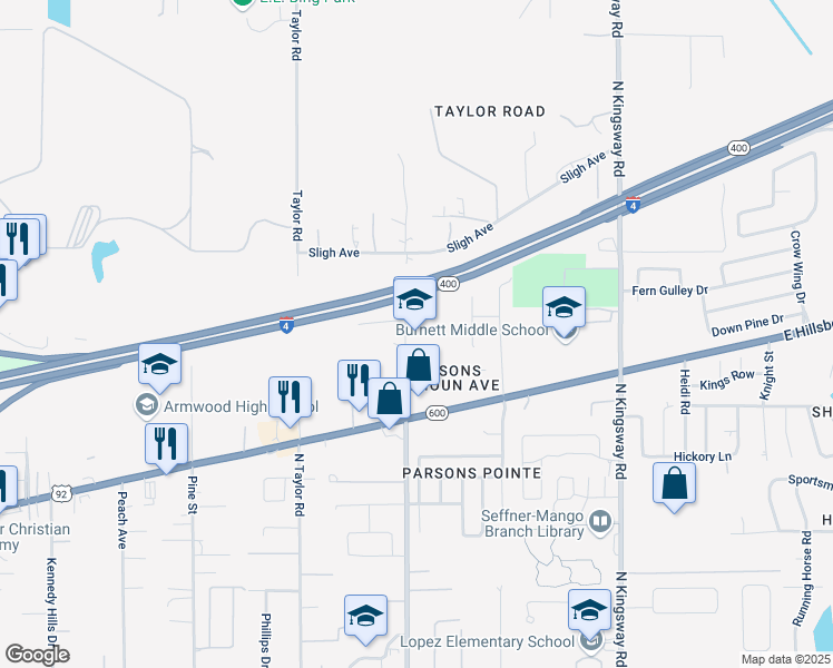 map of restaurants, bars, coffee shops, grocery stores, and more near 1009 North Parsons Avenue in Seffner