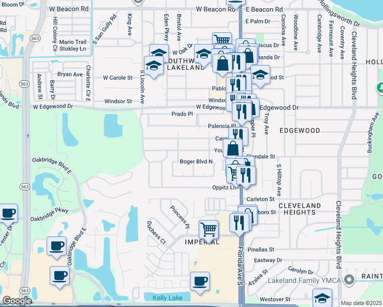map of restaurants, bars, coffee shops, grocery stores, and more near 506 Young Place in Lakeland