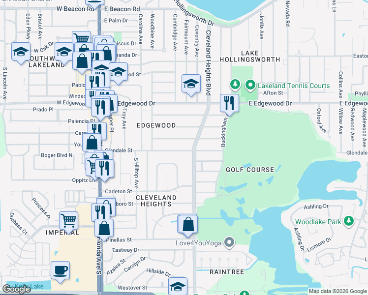 map of restaurants, bars, coffee shops, grocery stores, and more near 720 Glendale Street in Lakeland