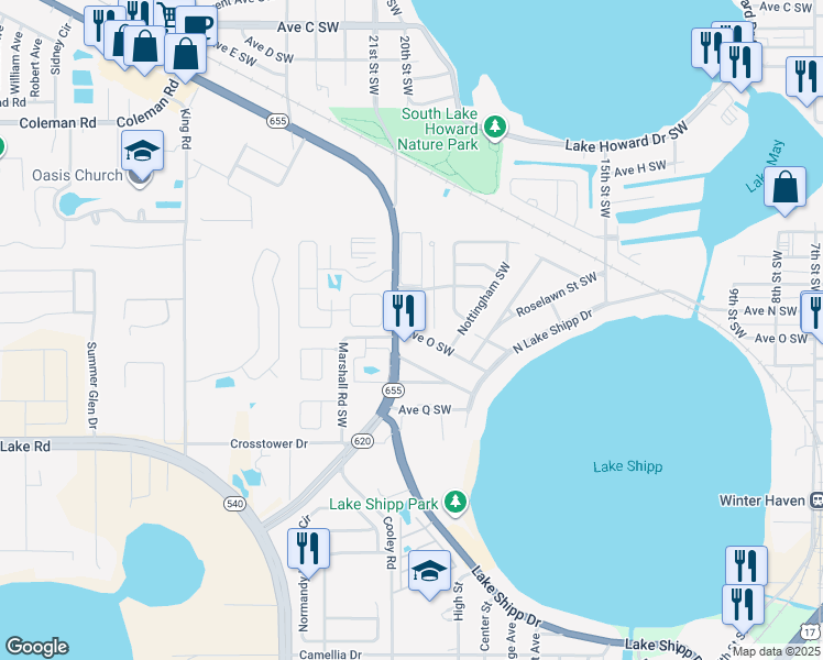 map of restaurants, bars, coffee shops, grocery stores, and more near 2119 Kings Crossing Southwest in Winter Haven