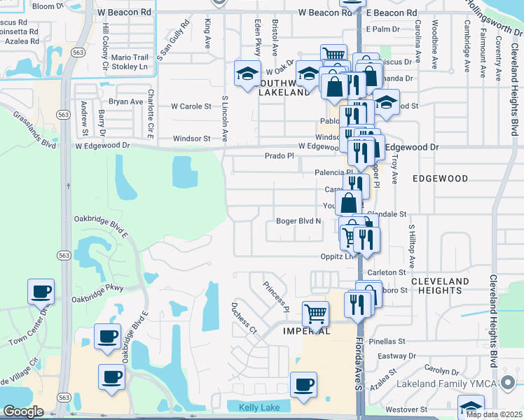 map of restaurants, bars, coffee shops, grocery stores, and more near 550 Young Place in Lakeland