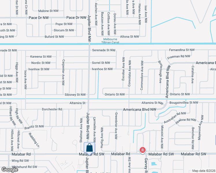 map of restaurants, bars, coffee shops, grocery stores, and more near 825 Doverbrook Road Northwest in Palm Bay