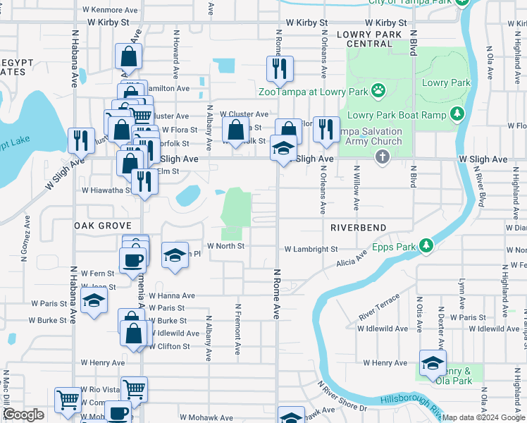 map of restaurants, bars, coffee shops, grocery stores, and more near 6700 North Rome Avenue in Tampa