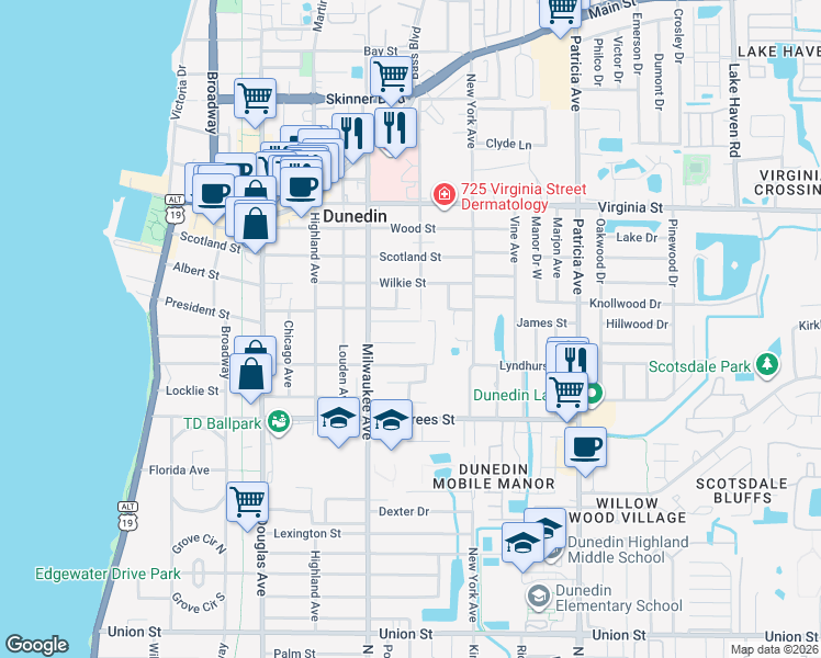 map of restaurants, bars, coffee shops, grocery stores, and more near 659 Magnolia Street in Dunedin