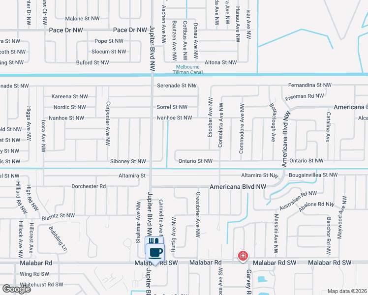 map of restaurants, bars, coffee shops, grocery stores, and more near 825 Doverbrook Road Northwest in Palm Bay