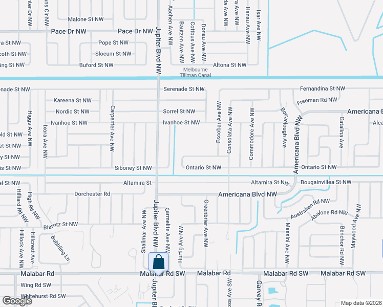 map of restaurants, bars, coffee shops, grocery stores, and more near 825 Doverbrook Road Northwest in Palm Bay