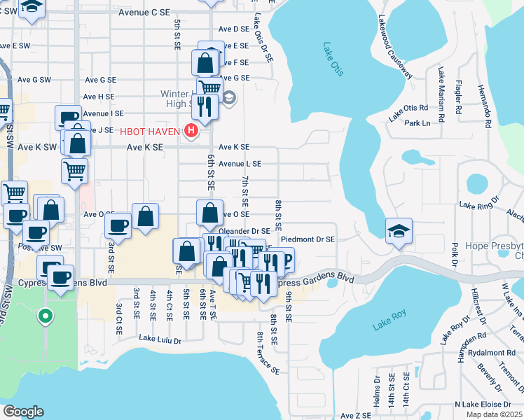 map of restaurants, bars, coffee shops, grocery stores, and more near 757 Avenue O Southeast in Winter Haven