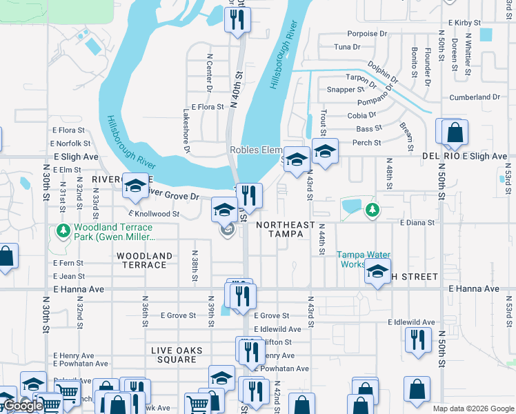 map of restaurants, bars, coffee shops, grocery stores, and more near 6602 North 41st Street in Tampa